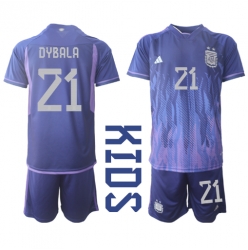 Argentinien Paulo Dybala #21 Auswärtstrikot Kinder WM 2022 Kurzarm (+ kurze hosen)