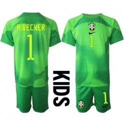 Brasilien Alisson Becker #1 Torwart Auswärtstrikot Kinder WM 2022 Kurzarm (+ kurze hosen)