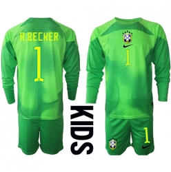 Brasilien Alisson Becker #1 Torwart Auswärtstrikot Kinder WM 2022 Langarm (+ kurze hosen)