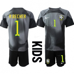 Brasilien Alisson Becker #1 Torwart Heimtrikot Kinder WM 2022 Kurzarm (+ kurze hosen)
