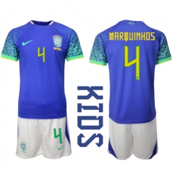 Brasilien Marquinhos #4 Auswärtstrikot Kinder WM 2022 Kurzarm (+ kurze hosen)