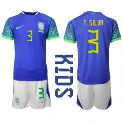Brasilien Thiago Silva #3 Auswärtstrikot Kinder WM 2022 Kurzarm (+ kurze hosen)