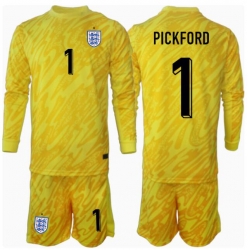 England Jordan Pickford #1 Torwart Auswärtstrikot Kinder EM 2024 Langarm (+ kurze hosen)