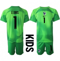 Frankreich Hugo Lloris #1 Torwart Auswärtstrikot Kinder WM 2022 Kurzarm (+ kurze hosen)