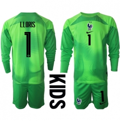 Frankreich Hugo Lloris #1 Torwart Auswärtstrikot Kinder WM 2022 Langarm (+ kurze hosen)