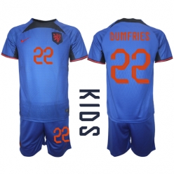 Niederlande Denzel Dumfries #22 Auswärtstrikot Kinder WM 2022 Kurzarm (+ kurze hosen)
