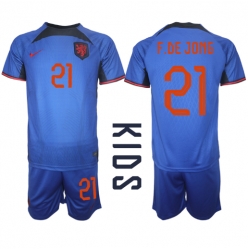 Niederlande Frenkie de Jong #21 Auswärtstrikot Kinder WM 2022 Kurzarm (+ kurze hosen)