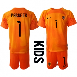 Niederlande Remko Pasveer #1 Torwart Auswärtstrikot Kinder WM 2022 Kurzarm (+ kurze hosen)