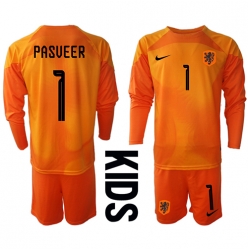 Niederlande Remko Pasveer #1 Torwart Auswärtstrikot Kinder WM 2022 Langarm (+ kurze hosen)