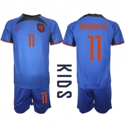 Niederlande Steven Berghuis #11 Auswärtstrikot Kinder WM 2022 Kurzarm (+ kurze hosen)